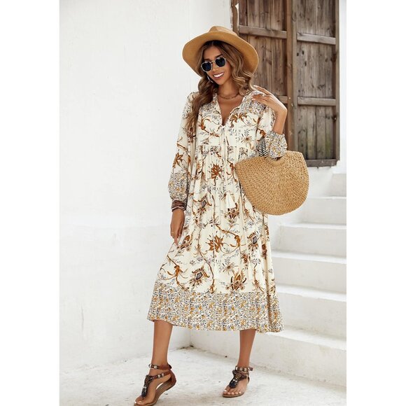 Women's Long Sleeve Floral V-Neck Boho Midi Dress with Ties for Vacation - Picture 3 of 6